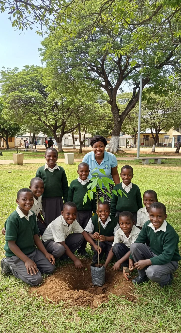 School children gathered around tree being planted