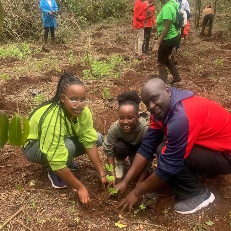 Group kneeling to plant seedling