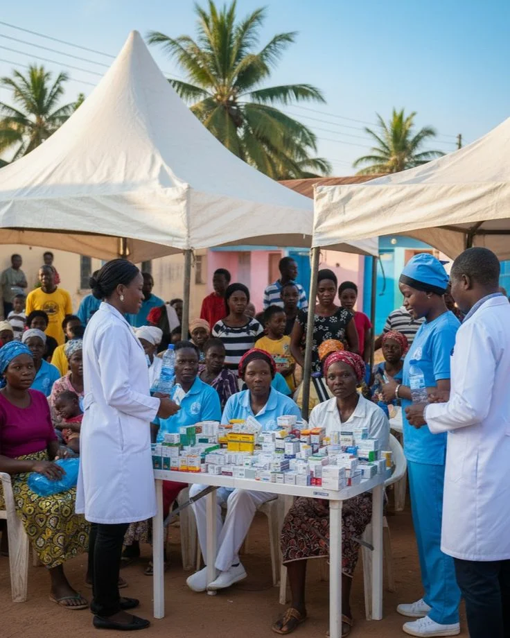 Outdoor community health outreach event under tents